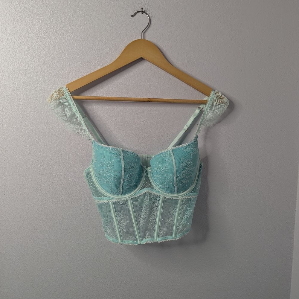 Teal Lace Bustier Corset Top, Size M | Underwire,‎ Sheer Mesh, Y2K